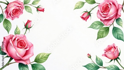 Delicate watercolor roses & leaves, soft pastel hues, delicate, elegant