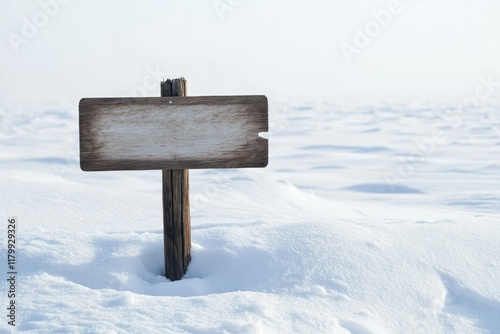 Blank wooden signpost stands in snowy landscape, inviting messages and directions.