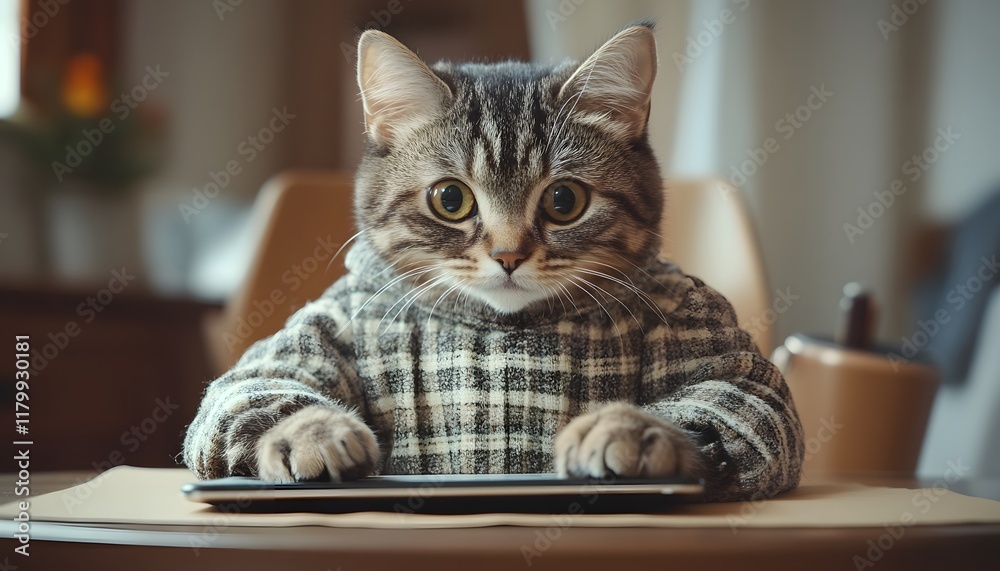 Adorable Tabby Cat Wearing Cozy Sweater, Sitting at Desk, Gazing Intently at Computer Keyboard in a Warm and Inviting Room Setting Adorable Tabby Cat Wearing Cozy Sweater, Sitting at Desk, Gazing Intently at Computer Keyboard in a Warm and Inviting Room Setting