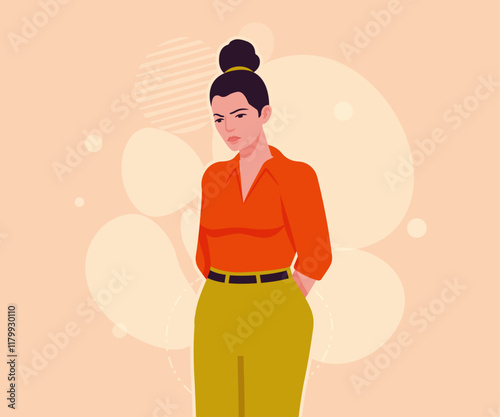 Modern businesswoman pensive pose. Business lady, high waisted pants, office trousers with belt, attractive blouse female model. Vector flat style cartoon illustration on creative background color