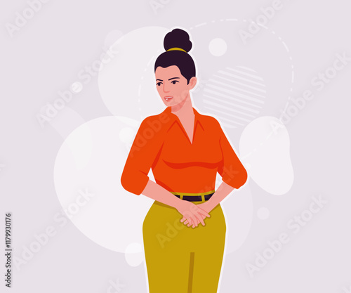 Modern businesswoman thinking pose. Business lady, high waisted pants, office trousers with belt, attractive blouse female model. Vector flat style cartoon illustration on creative background color