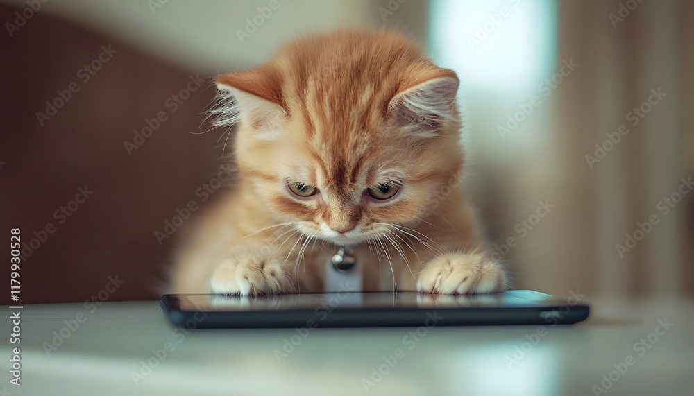 Adorable Ginger Cat Curiously Engaged with Smartphone Screen in Cozy Home Environment, Capturing a Playful Moment of Pet Technology Interaction Adorable Ginger Cat Curiously Engaged with Smartphone Screen in Cozy Home Environment, Capturing a Playful Moment of Pet Technology Interaction