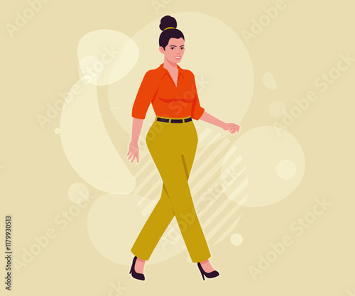 Modern businesswoman walking pose. Business lady, high waisted pants, office trousers with belt, attractive blouse female model. Vector flat style cartoon illustration on creative background color