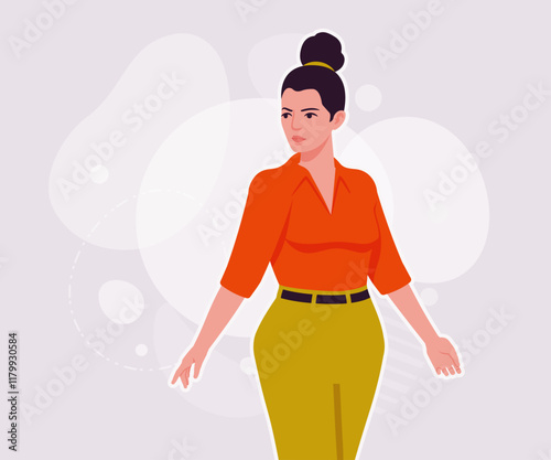 Modern businesswoman walking pose. Business lady, high waisted pants, office trousers with belt, attractive blouse female model. Vector flat style cartoon illustration on creative background color