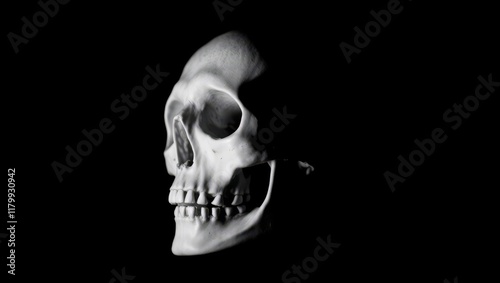 Close-up of a realistic human skull in profile, set against a black background. Ideal for themes of death, anatomy, and gothic or Halloween-related designs. photo