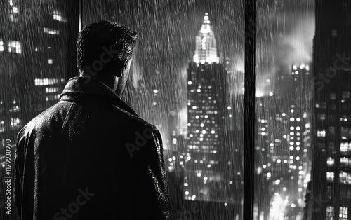 Black and white noir scene with a man in a raincoat standing at the window, looking out at the city while it rains.  photo