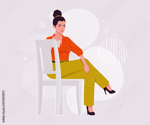 Modern businesswoman chair sitting pose. Business lady, high waisted pants, office trousers with belt, attractive blouse female model. Vector flat style cartoon illustration, creative background color