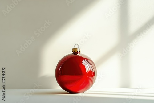 A single, shiny red Christmas ornament sits on a white surface, illuminated by sunlight.