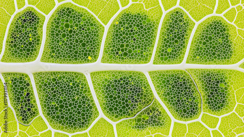 A detailed microscopic view of green plant cells, revealing intricate patterns and textures that highlight scientific discovery and natural beauty.