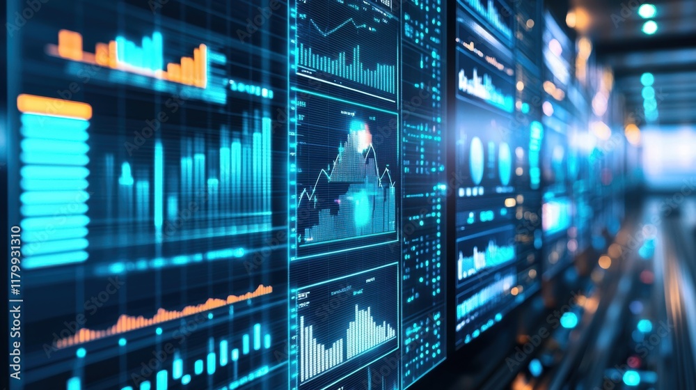 Displaying multiple digital screens with graphs and data visualizations for real time monitoring and analysis of a complex manufacturing process in a high tech control room Displaying multiple digital screens with graphs and data visualizations for real time monitoring and analysis of a complex manufacturing process in a high tech control room