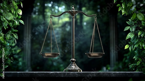 A photograph of the scales of justice with a visual balancethemed overlay photo