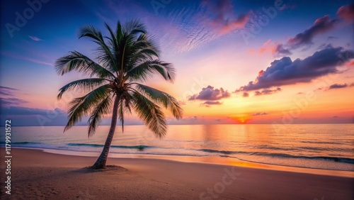 Minimalist Tropical Beach Scene: Palm Tree Silhouette Against Sunset