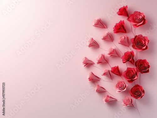 Origami roses in a gradient from red to pink creating a Valentines stage mural, romantic artistry, creative display, paper elegance