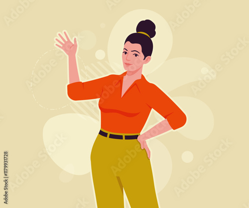 Modern businesswoman hello wave pose. Business lady, high waisted pants, office trousers with belt, attractive blouse female model. Vector flat style cartoon illustration, creative background color