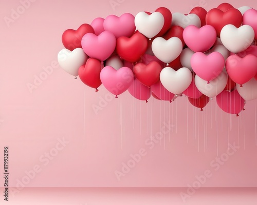 A canopy of origami heartshaped balloons hovering above the stage, artistic innovation, romantic decor, Valentines theme photo