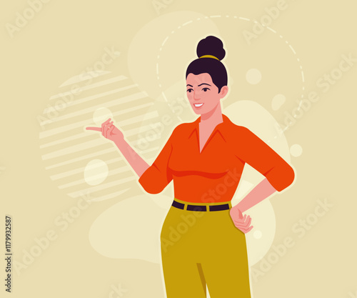Modern businesswoman speech, talk pose. Business lady, high waisted pants, office trousers with belt, attractive blouse female model. Vector flat style cartoon illustration, creative background color