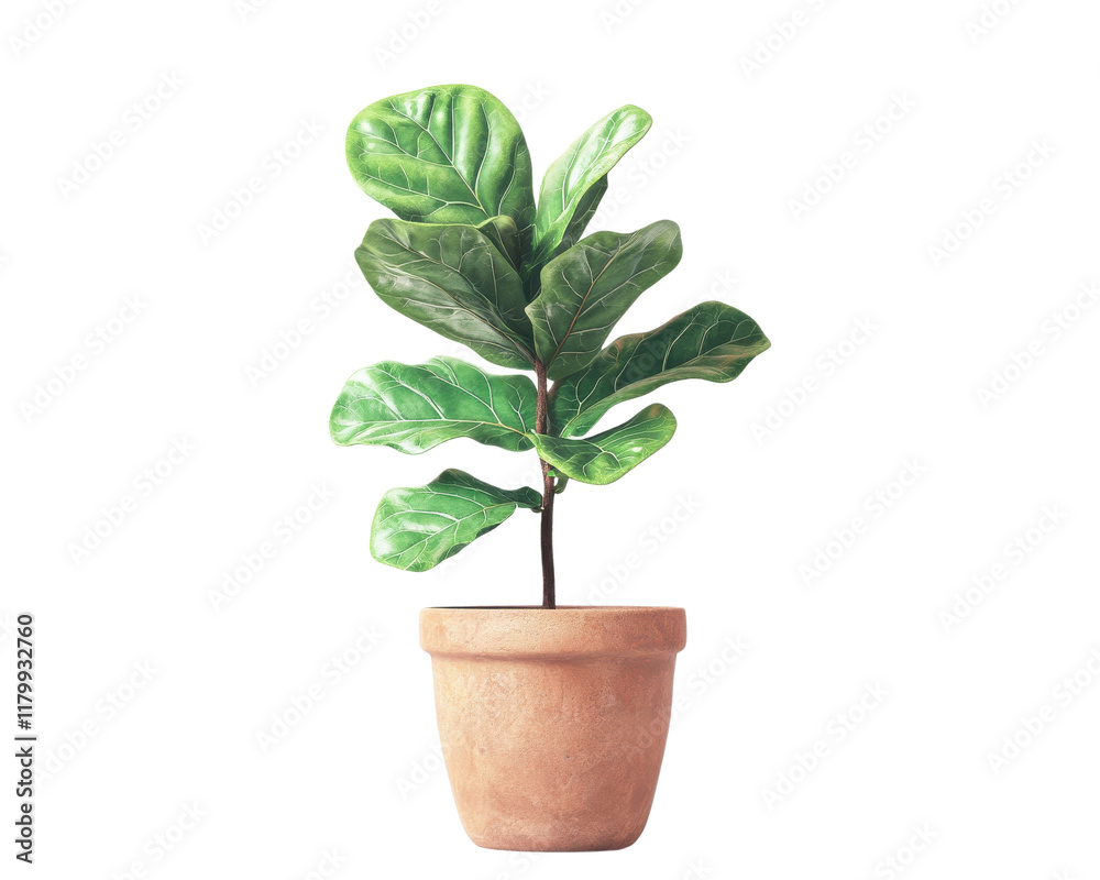 Fototapeta premium Fiddle leaf fig plant in terracotta pot, white isolate background.