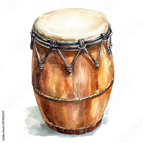 A watercolor drawing of a conga drum, isolated on a white background. Conga drum vector.
