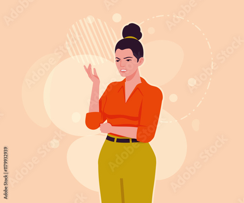 Modern businesswoman think pose. Business lady, high waisted pants, office trousers with belt, attractive blouse female model. Vector flat style cartoon illustration, creative background color