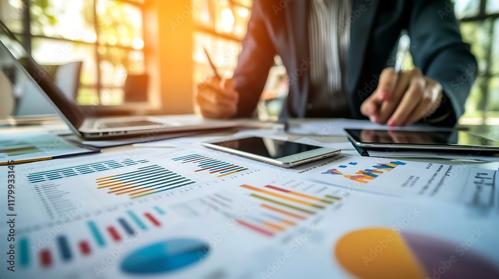 Businesswoman reviewing financial data and graphs Businesswoman reviewing financial data and graphs