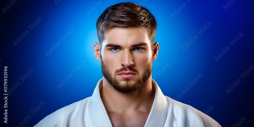 Obraz premium A male martial artist wearing a white gi with a blue background, displaying a serious expression. Concept Martial Artist Portrait, White Gi Attire, Serious Expression, Blue Background