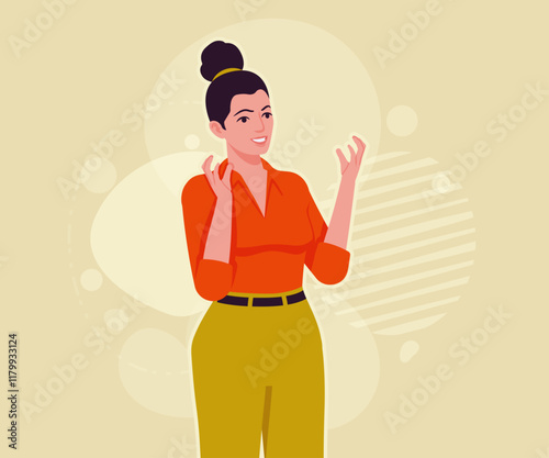 Modern businesswoman educator pose. Business lady, high waisted pants, office trousers with belt, attractive blouse female model. Vector flat style cartoon illustration, creative background color