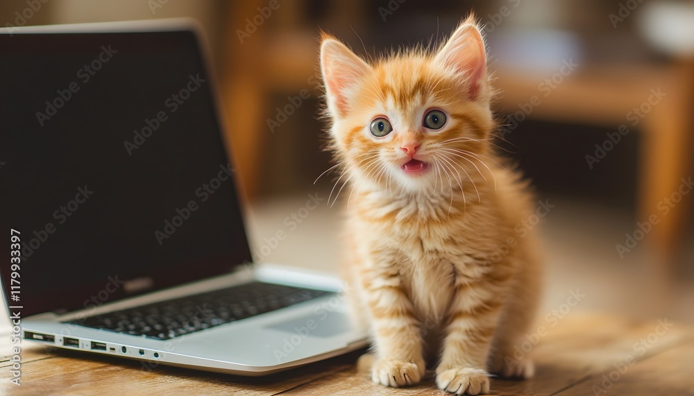 Adorable Orange Kitten Curiously Sitting Near Laptop on a Wooden Surface, Highlighting Playfulness and Charm in a Cozy Home Setting with Natural Light Adorable Orange Kitten Curiously Sitting Near Laptop on a Wooden Surface, Highlighting Playfulness and Charm in a Cozy Home Setting with Natural Light