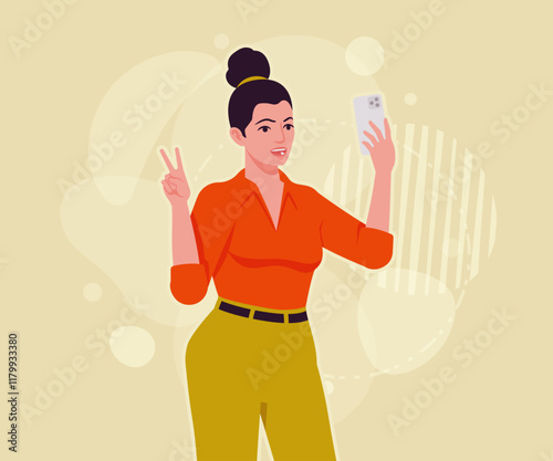 Modern businesswoman smartphone video pose. Business lady, high waisted pants, office trousers belt, attractive blouse female model. Vector flat style cartoon illustration creative background color