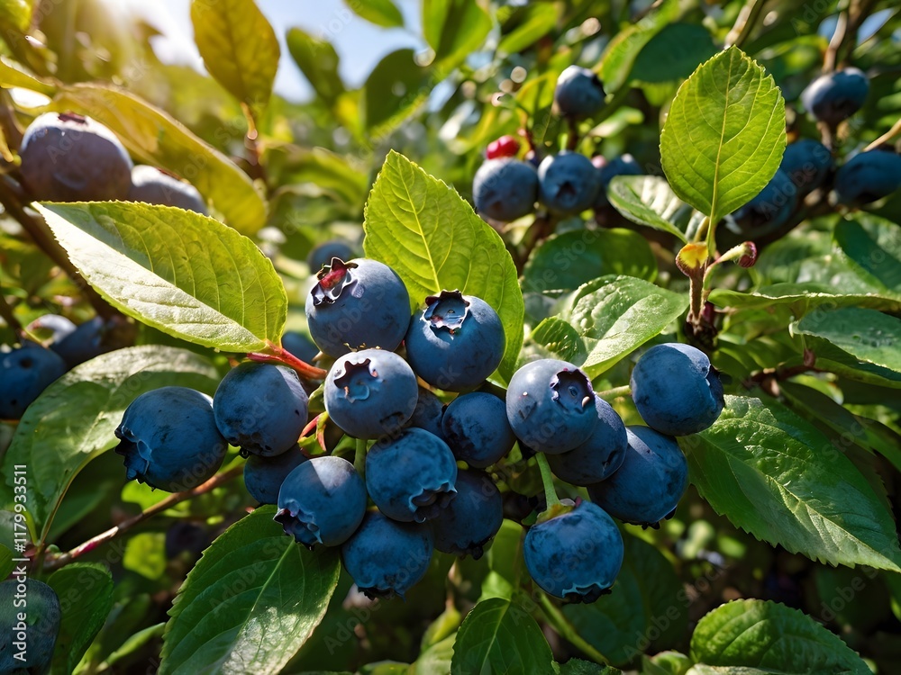 Ripe Blueberries on Bush Sunlight Closeup Ripe Blueberries on Bush Sunlight Closeup