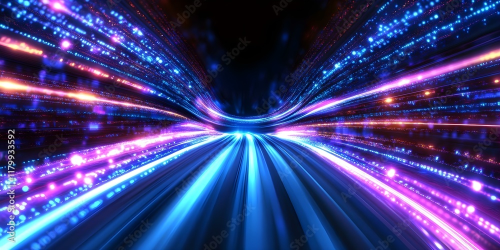 Obraz premium A vibrant abstract depiction of streaking lights in a tunnel-like formation, emphasizing a sense of speed and movement. Concept Vibrant Abstract Art, Streaking Lights, Tunnel Formation