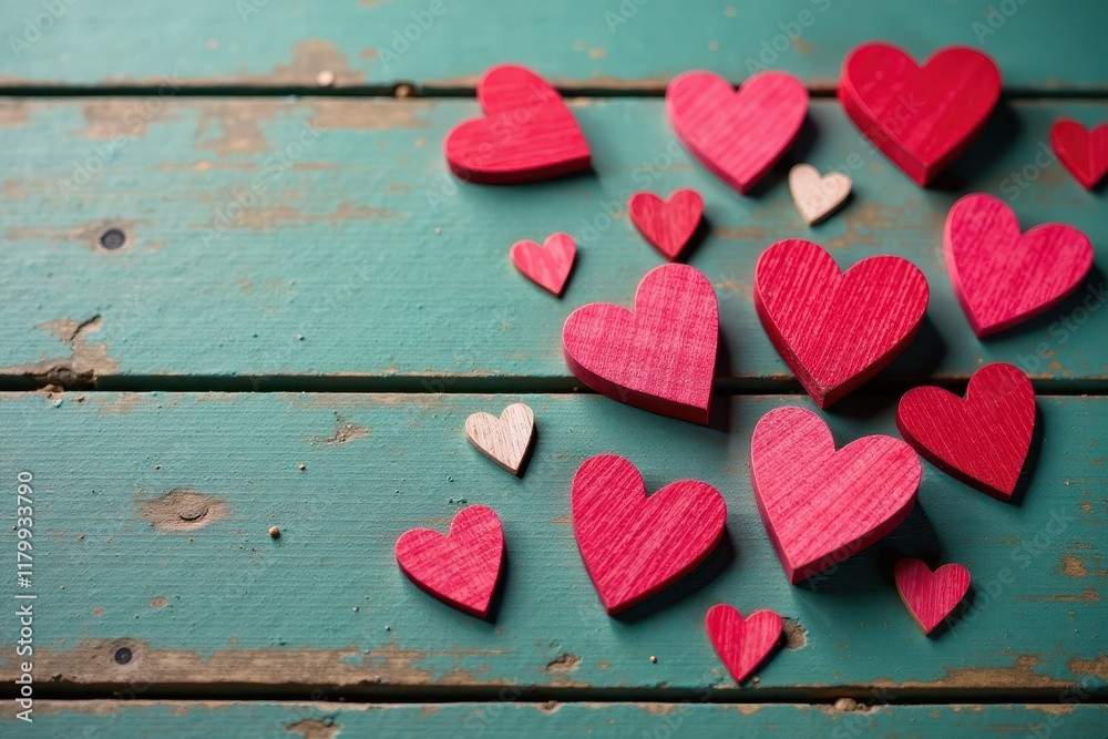 Obraz premium Scattered wooden hearts on aged wooden planks, background, country
