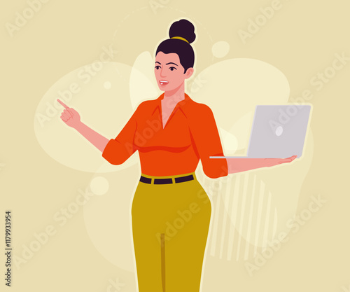 Modern businesswoman presenting at laptop computer pose. Business lady, high waisted pants, office trousers belt, blouse female model. Vector flat style cartoon illustration creative background color