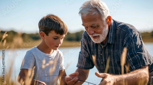 Grandfather showing his grandson how to fish at a serene lake