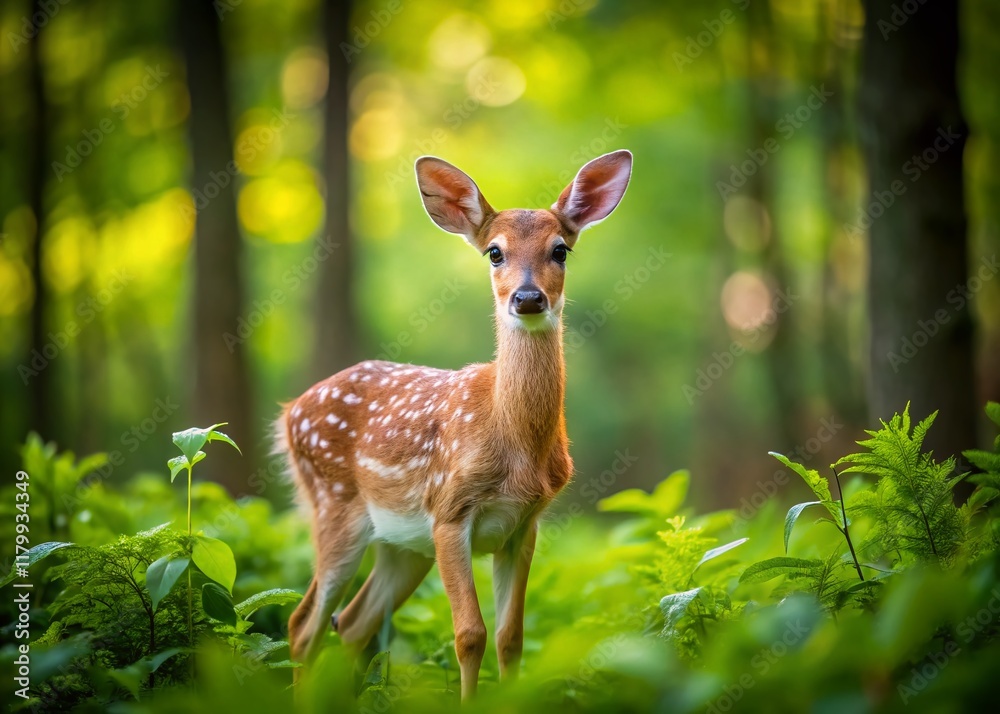 Minimalist White-Tailed Fawn in Lush Forest Clearing - Stock Photo Minimalist White-Tailed Fawn in Lush Forest Clearing - Stock Photo