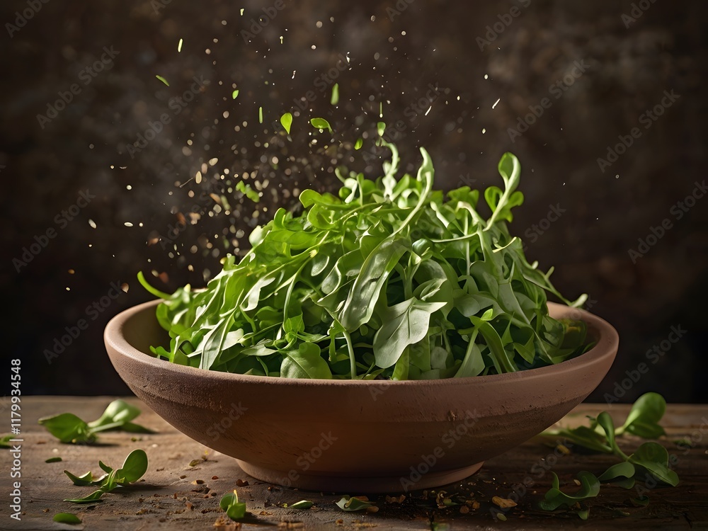 Fresh Arugula Salad in Rustic Bowl Green Leafy Vegetables Fresh Arugula Salad in Rustic Bowl Green Leafy Vegetables