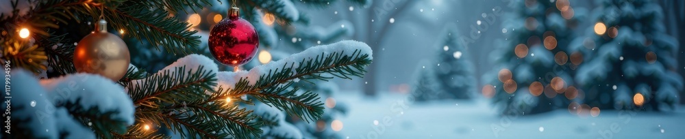 Snow covered evergreen branches with twinkling lights and ornaments, trees, snow, evergreen Snow covered evergreen branches with twinkling lights and ornaments, trees, snow, evergreen