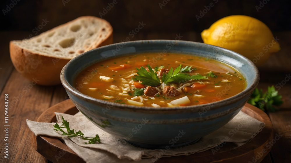 Delicious soup with vegetables and meat served in blue bowl on wooden table with bread and lemon Delicious soup with vegetables and meat served in blue bowl on wooden table with bread and lemon