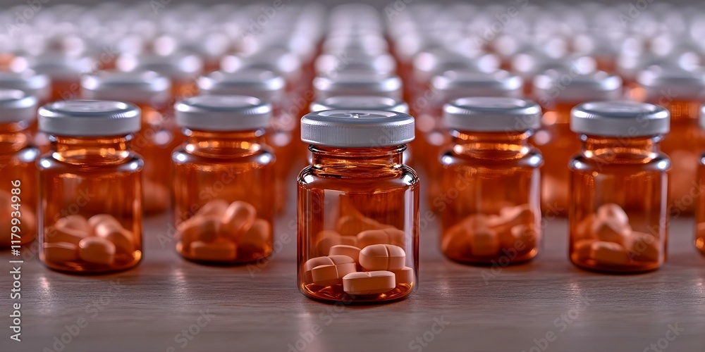 A multitude of amber prescription bottles filled with orange tablets, arranged in a grid-like pattern. Concept Amber Prescription Bottles, Orange Tablets, Grid Arrangement, Pharmaceutical Displays A multitude of amber prescription bottles filled with orange tablets, arranged in a grid-like pattern. Concept Amber Prescription Bottles, Orange Tablets, Grid Arrangement, Pharmaceutical Displays