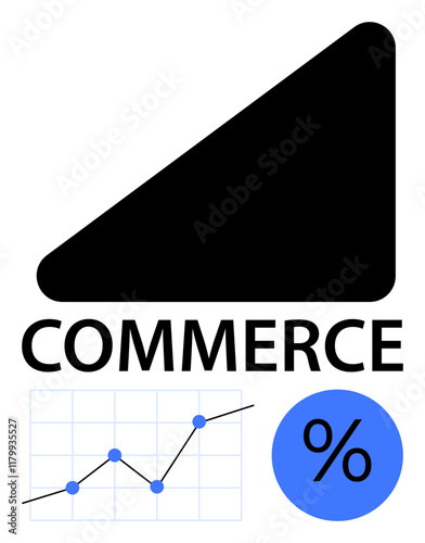 Black triangular arrow, line graph with data points, blue percentage icon. Ideal for business strategy, sales growth, financial performance, market analysis, e-commerce trends, economic charts