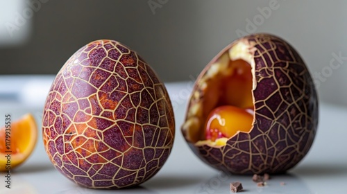 Wallpaper Mural Intricate marbled chocolate Easter egg cracked open to reveal vibrant fruit jelly filling in a bright setting Torontodigital.ca