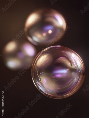 Abstract image of three iridescent soap bubbles floating against a dark background, showcasing their reflective surfaces and vibrant colors.