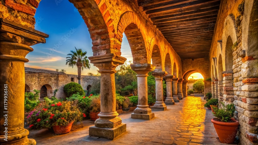 Fototapeta premium Mission San Juan Capistrano: Arched Columns & Passageway - Historic California Architecture Stock Photo