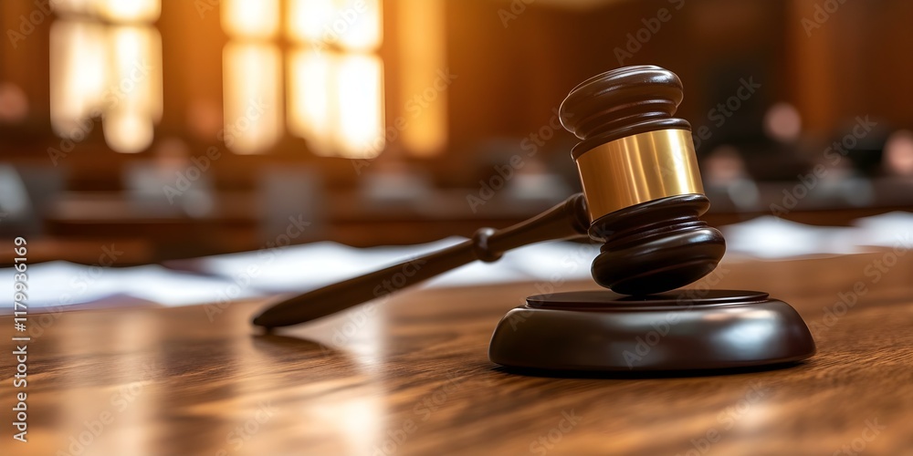 A wooden gavel on a table, symbolizing justice and legal proceedings, set in a courtroom environment. Concept Courtroom Setting, Symbol of Justice, Legal Proceedings, Wooden Gavel, Legal Symbolism A wooden gavel on a table, symbolizing justice and legal proceedings, set in a courtroom environment. Concept Courtroom Setting, Symbol of Justice, Legal Proceedings, Wooden Gavel, Legal Symbolism