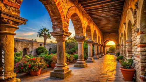 Mission San Juan Capistrano:  Arched Columns & Passageway - Historic California Architecture Stock Photo photo