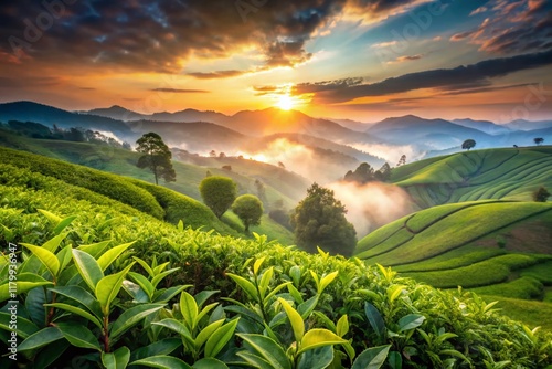 Misty Nilgiri Tea Plantation Sunrise, Rolling Hills, South India Landscape Photography photo