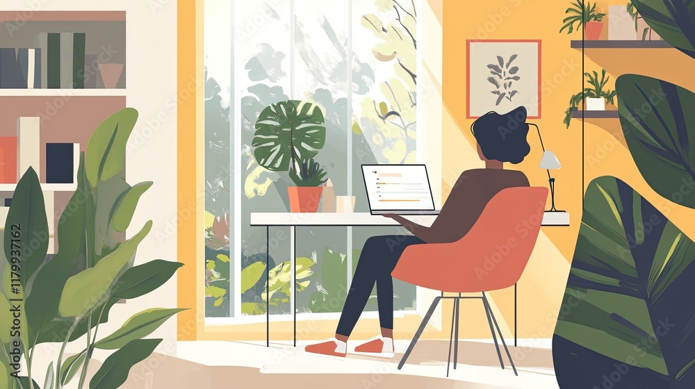 Fototapeta premium Bright modern home office, spacious window, lush plants, cozy chair, individual focused on remote work with laptop
