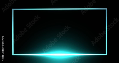 Neon blue geometric rectangle with glowing light on black background for modern design concepts.