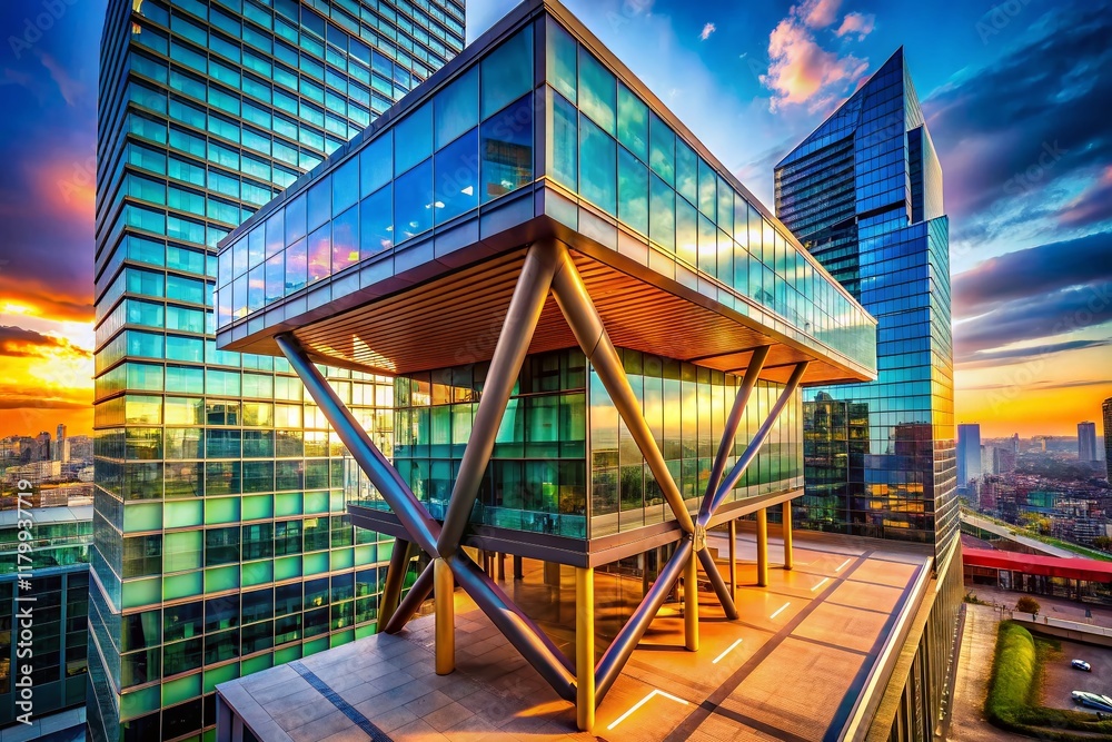 Naklejka premium Modern Architecture, One-Legged Design, Unique Building Exterior, Cityscape