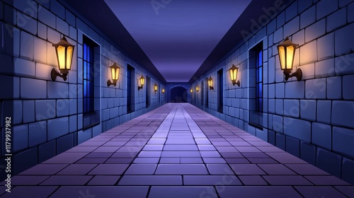 Night medieval castle dungeon background featuring torches floors and mystic corridors photo