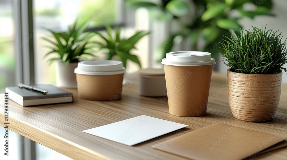 Fototapeta premium Office Coffee Break Sustainable Cups, Notepads, Plants, Mockup.